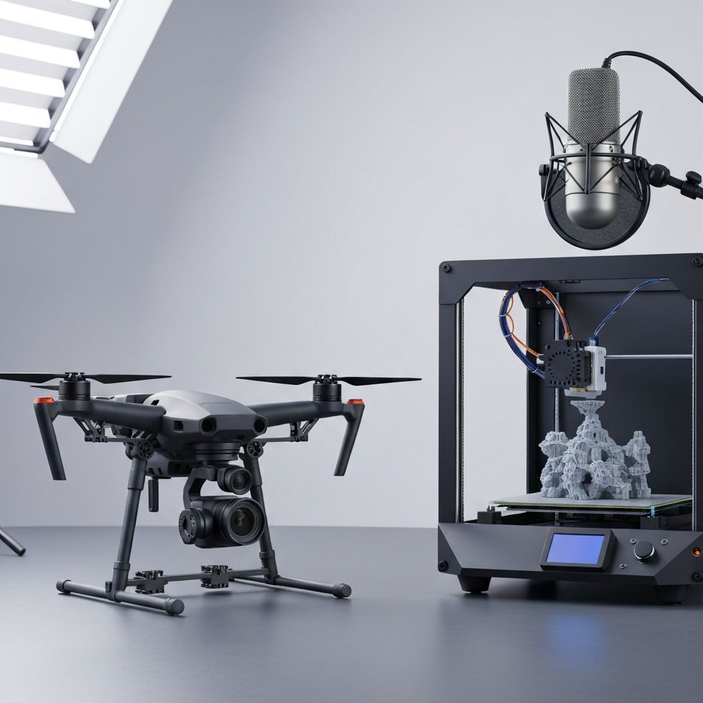 Drone, 3D printer, and recording equipment showcasing creative services