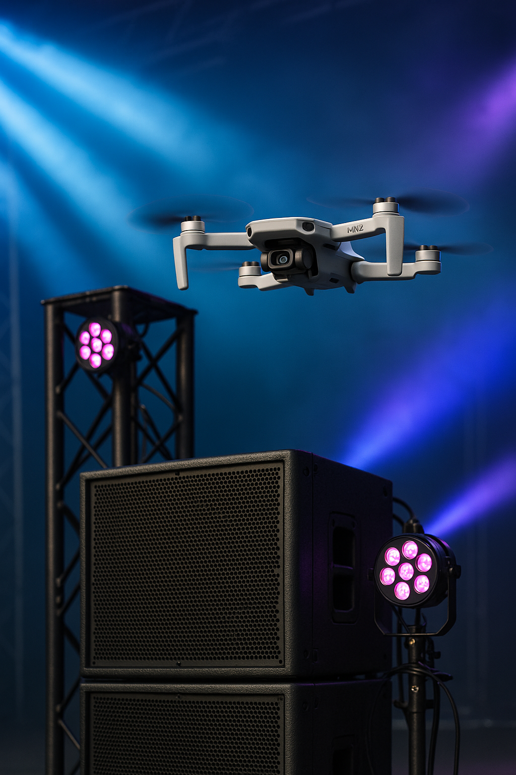 Professional drone, audio equipment, and stage lighting setup showcasing Zane R Creative services